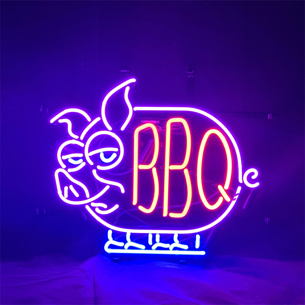 Real glass tube neon BBQ decor sign shaped like a pig with glowing “BBQ”