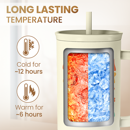 Cream insulated tumbler with straw, showing hot and cold chambers; “MAMA MOMMY BRUH” graphic.