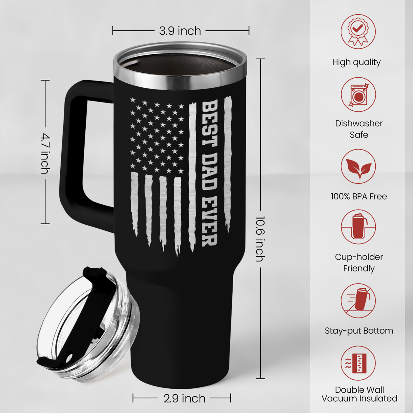 Black 40oz insulated tumbler with handle and clear lid, double-wall vacuum insulation