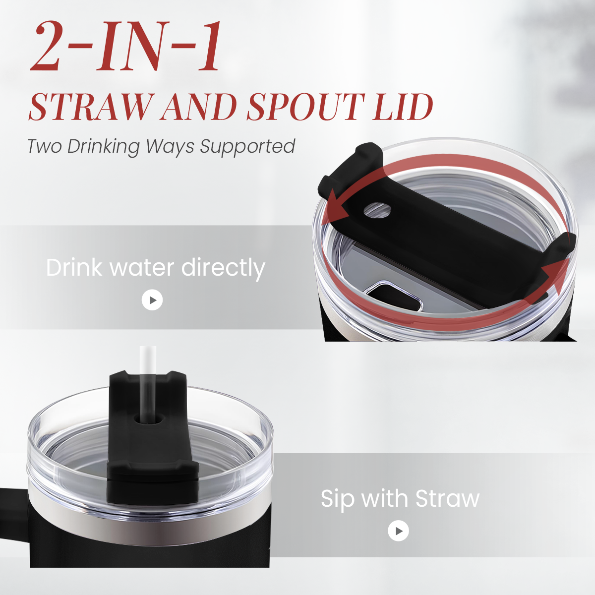 Black tumbler with handle; 2-in-1 straw and spout lid, clear cover