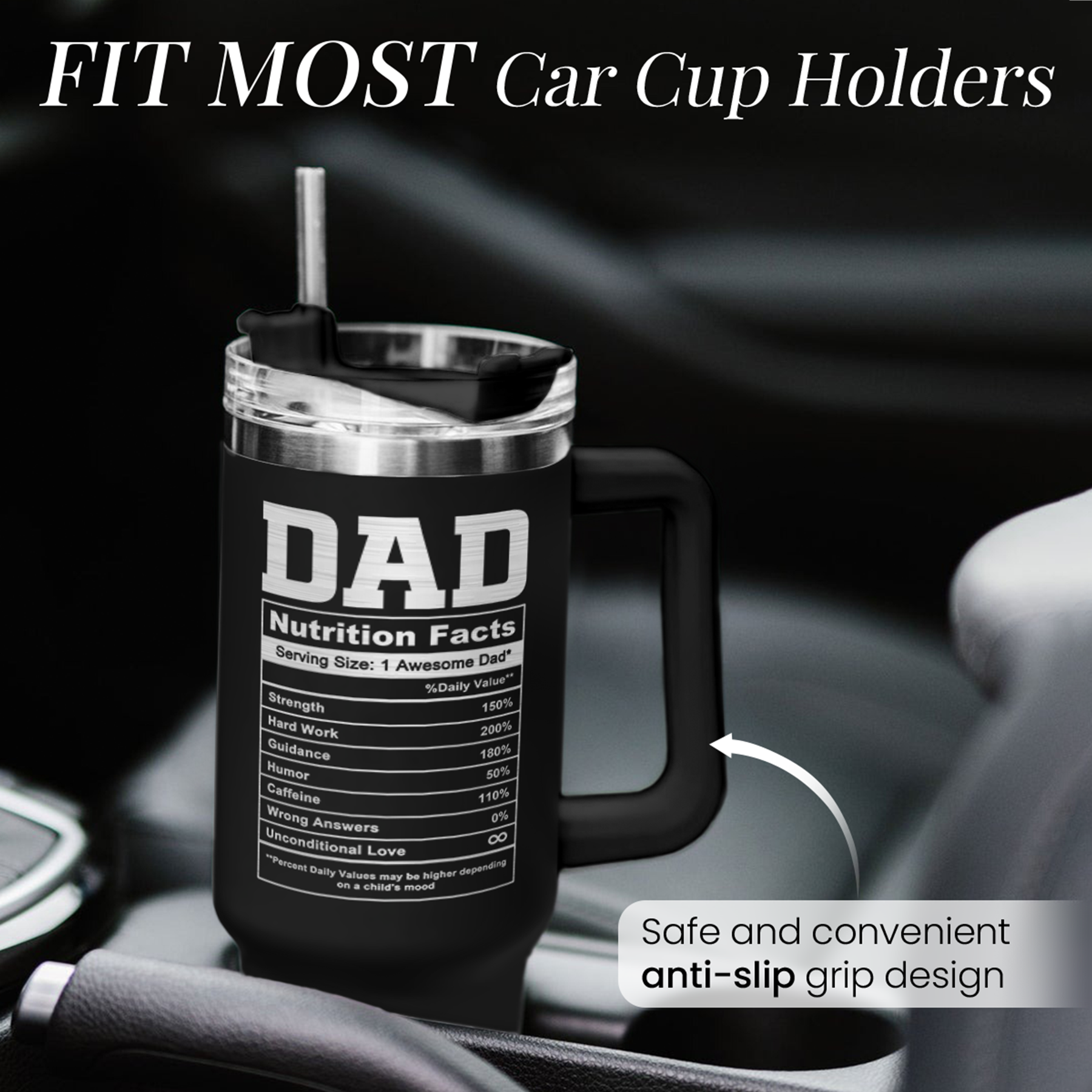 Black 40 oz tumbler with handle; anti-slip grip design for car cup holder
