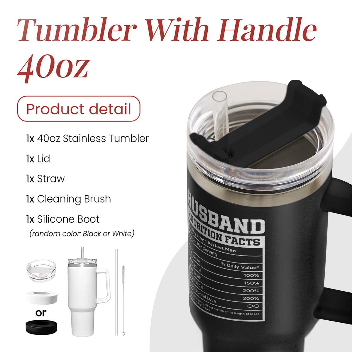 Black 40oz tumbler with handle, open lid, and straw accessories shown