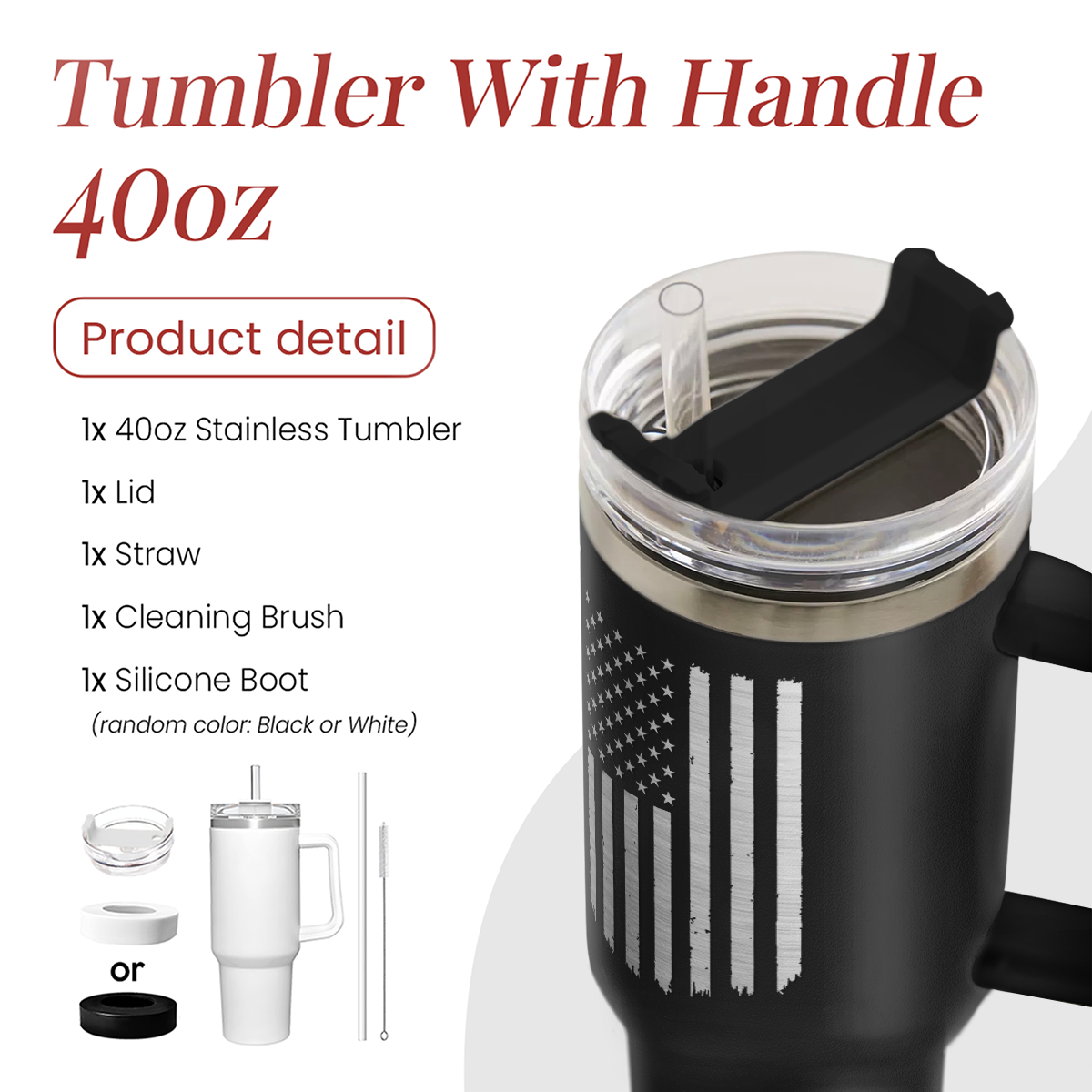 Black 40oz tumbler with handle, American flag design, clear lid and straw included