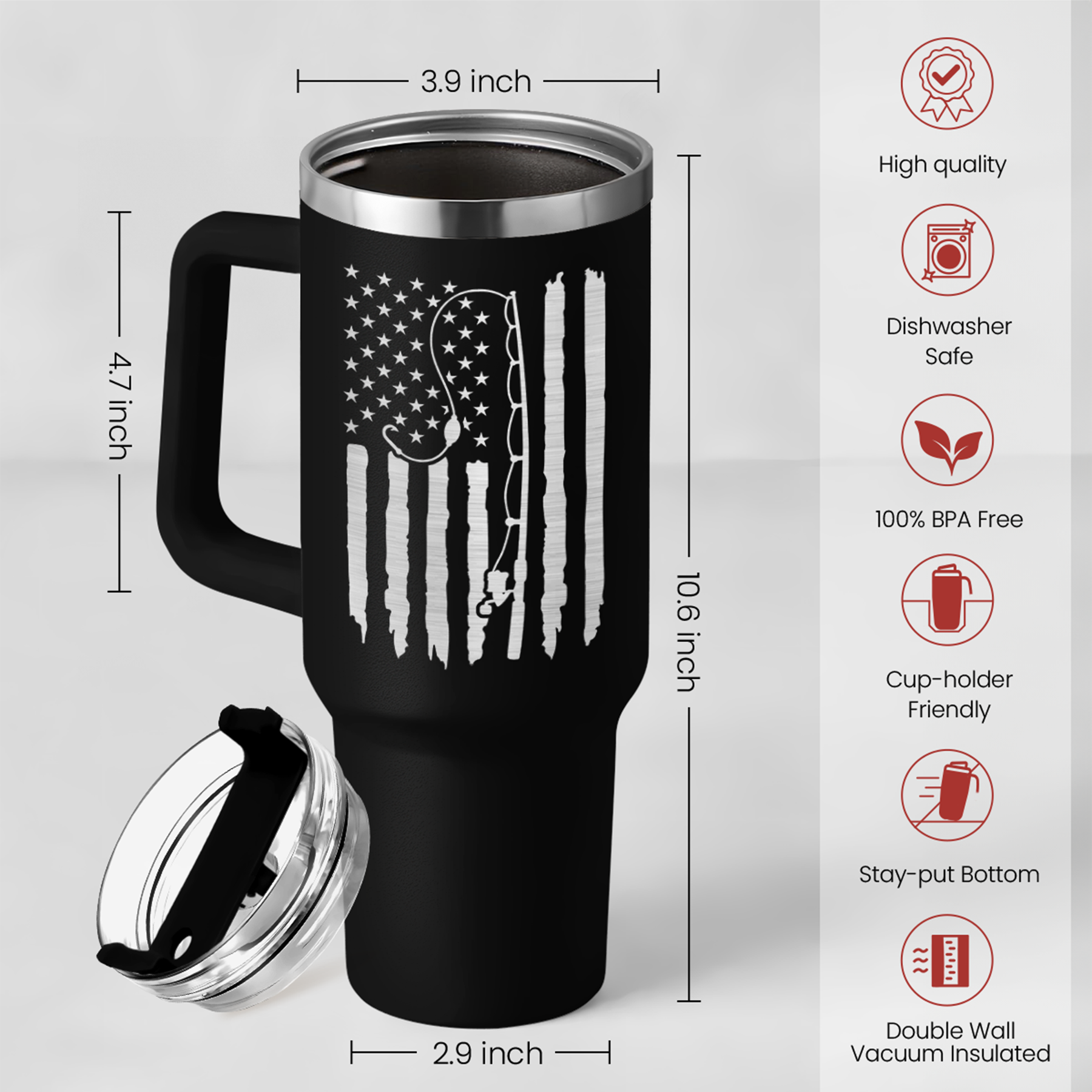 Black 40oz tumbler with handle, clear lid, and metal straw cup opening view