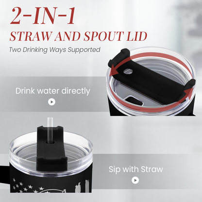 Black tumbler with handle and clear 2-in-1 straw and spout lid system