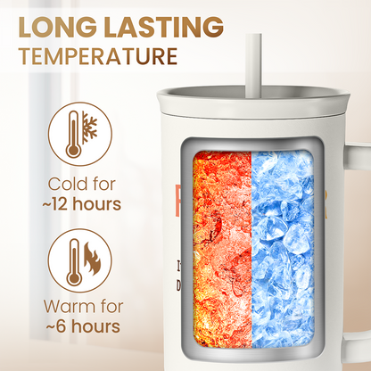 White 40oz slider tumbler with handle and straw; insulation window graphic on front.