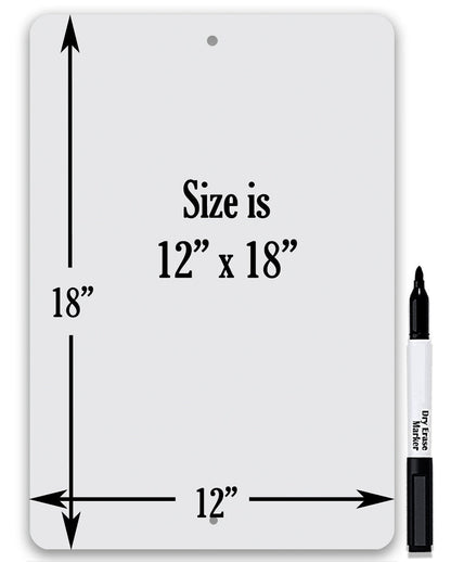 Size diagram for 12 x 18 in personalized dry erase metal sign with marker