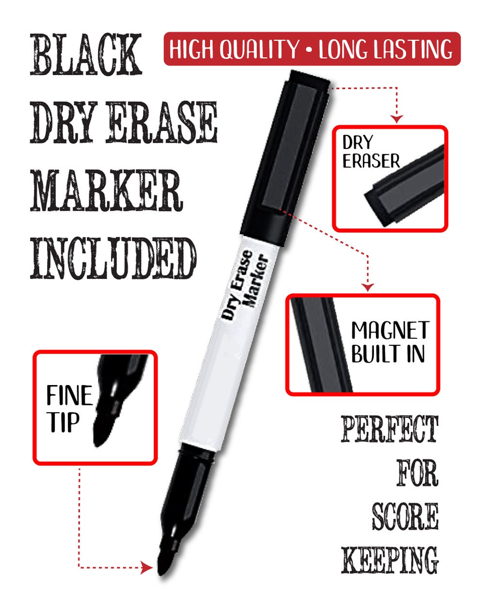 Black dry erase marker with built-in magnet and small dry eraser for metal signs