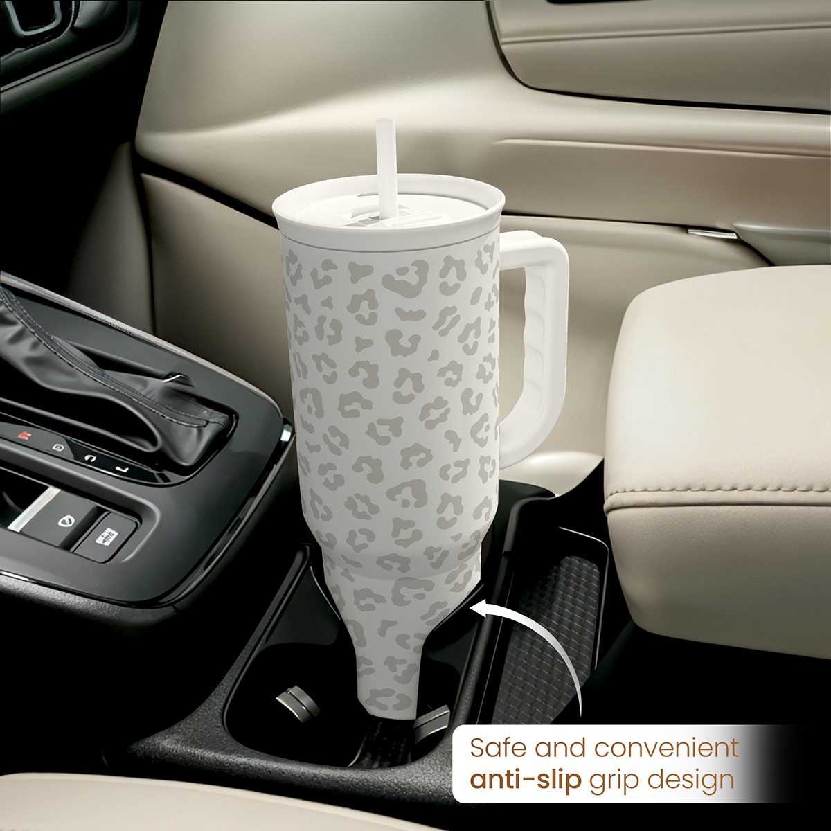 40oz white tumbler with gray leopard print, straw and side handle