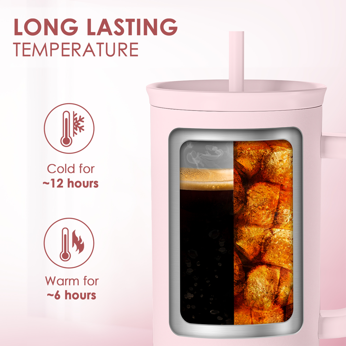 Pink insulated tumbler with straw and temperature-view window; cold and warm retention