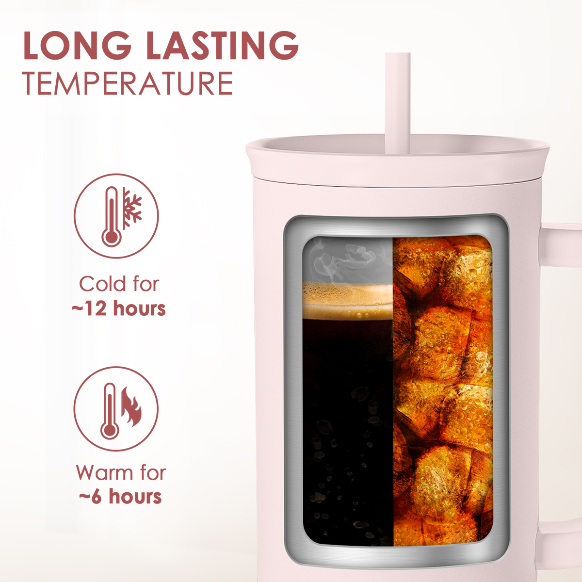 Pink 40oz insulated tumbler showing hot and cold temperature compartments