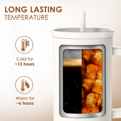 White slide-lid tumbler with handle, insulated window view and wife print