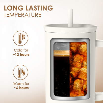White 40oz tumbler with handle and straw, insulated drink window for cold and warm