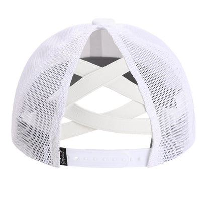 White mesh back cap with adjustable strap and crossed back panel view