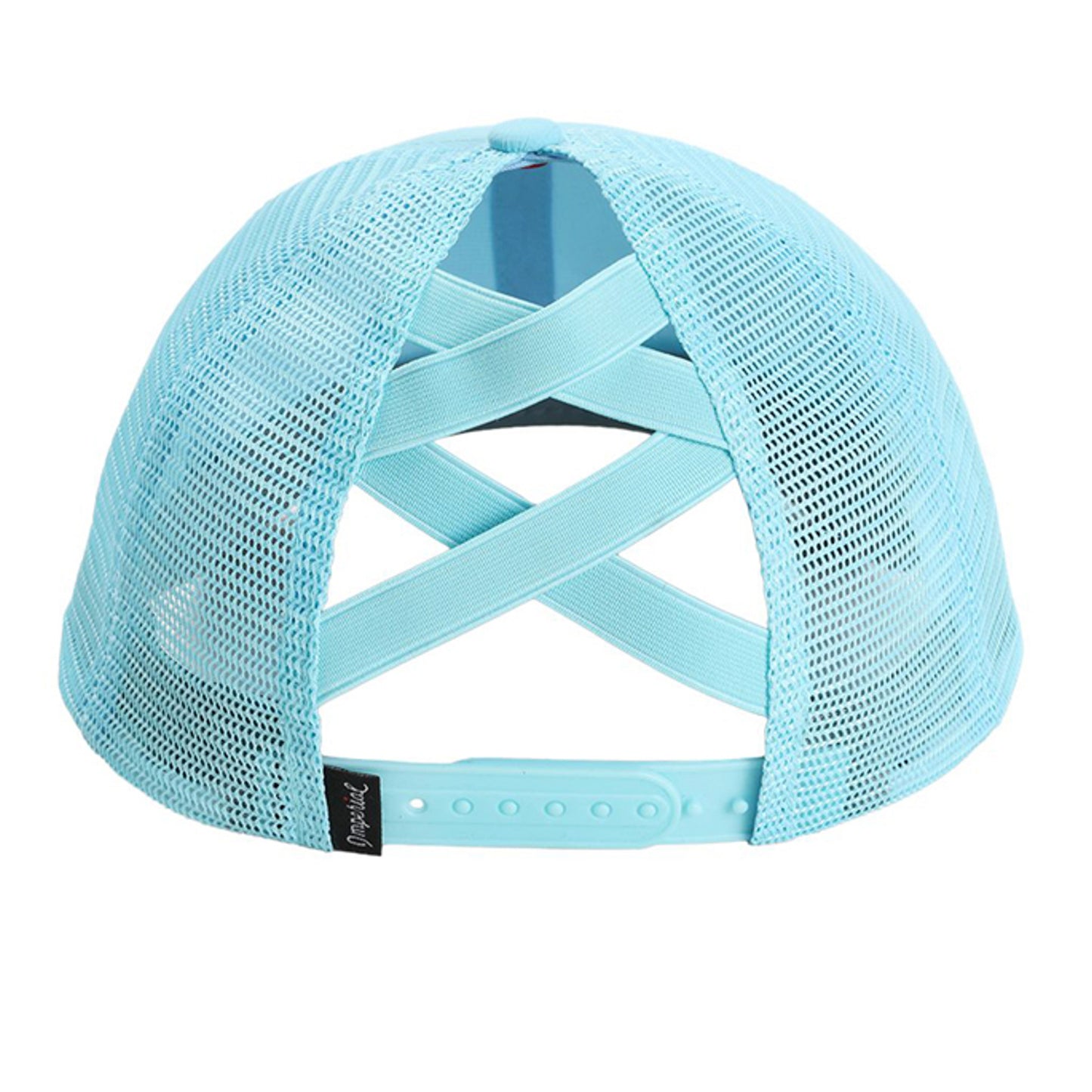 Light blue mesh back cap with adjustable strap and crossed back panel view