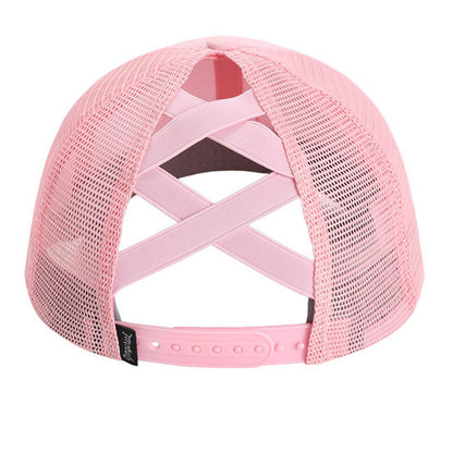 Light pink mesh back cap with adjustable strap and crossed back panel view