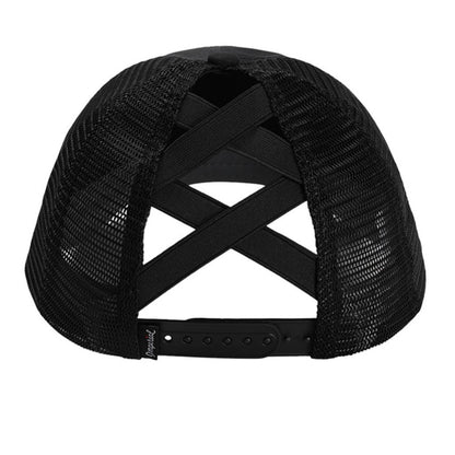 Black mesh back cap with adjustable strap and crossed back panel view