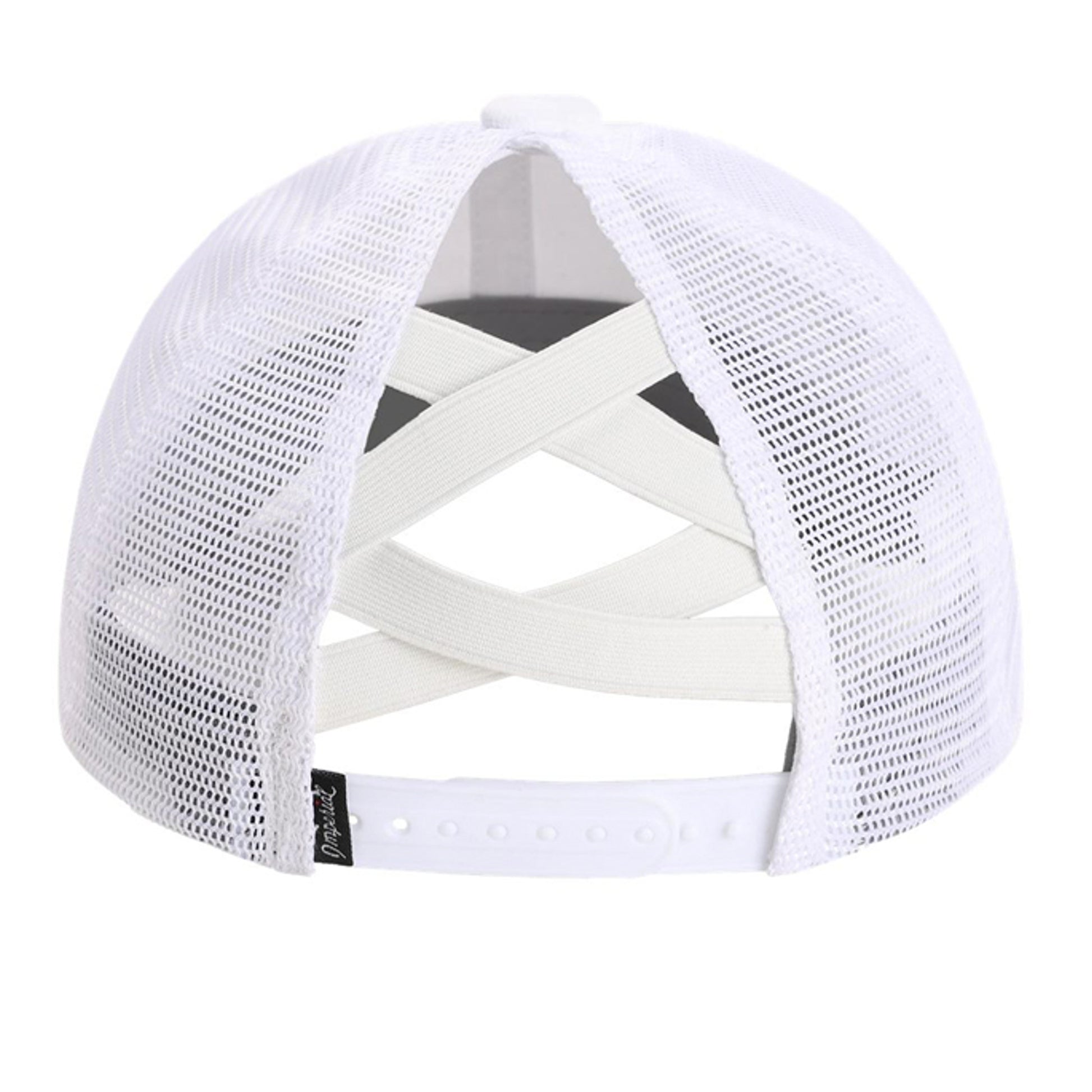 White mesh back cap with crossed strap back and adjustable band